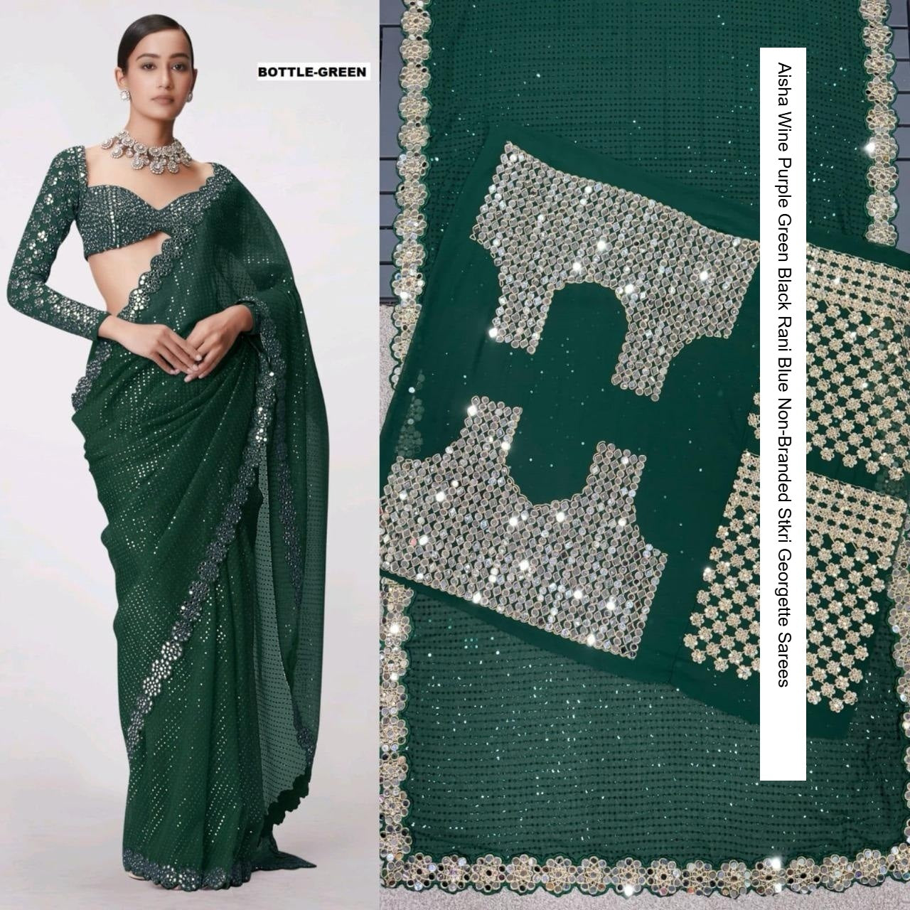 Aisha Wine Purple Green Black Rani Blue Non-Branded Stkri Georgette Sarees