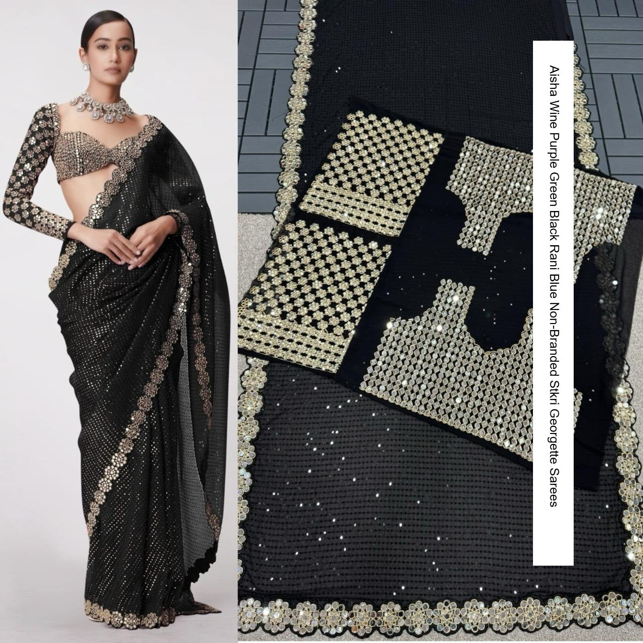 Aisha Wine Purple Green Black Rani Blue Non-Branded Stkri Georgette Sarees