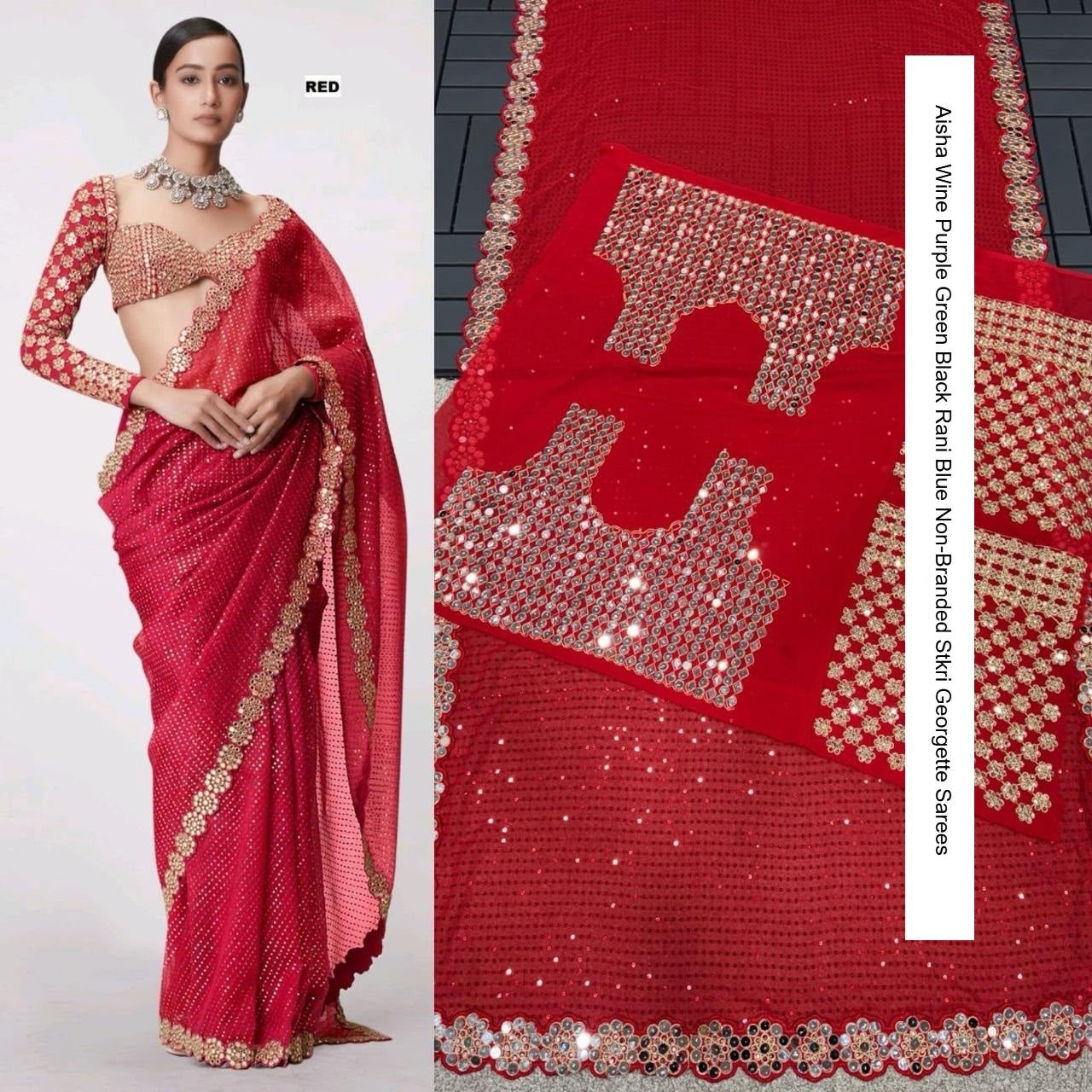 Aisha Wine Purple Green Black Rani Blue Non-Branded Stkri Georgette Sarees