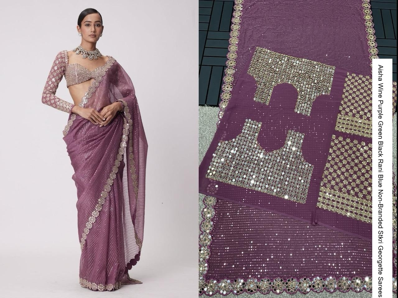 Aisha Wine Purple Green Black Rani Blue Non-Branded Stkri Georgette Sarees