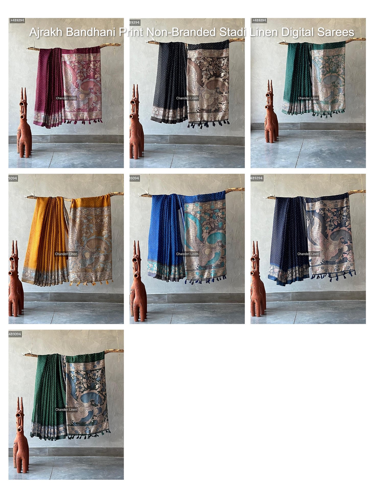 Ajrakh Bandhani Print Non-Branded Stadi Linen Digital Sarees
