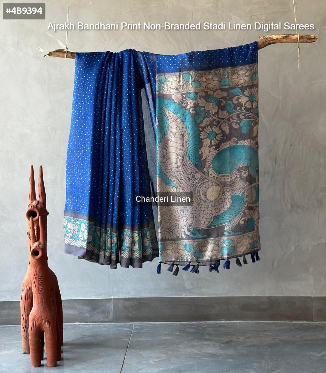 Ajrakh Bandhani Print Non-Branded Stadi Linen Digital Sarees