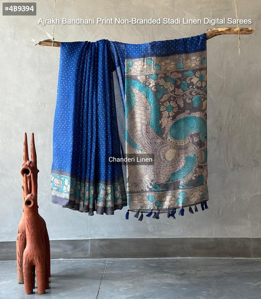 Ajrakh Bandhani Print Non-Branded Stadi Linen Digital Sarees