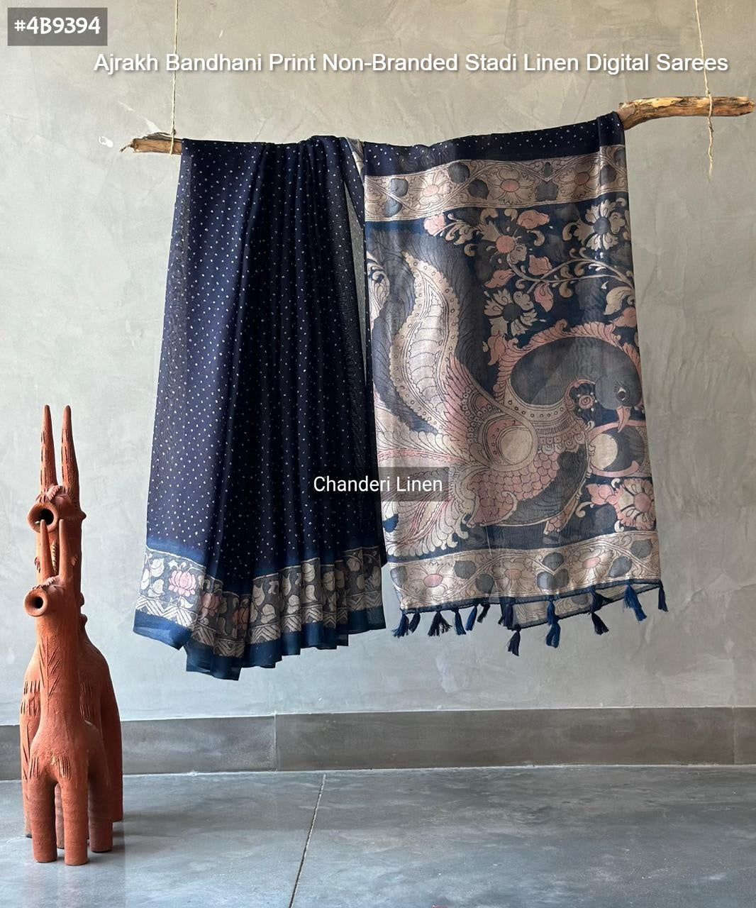 Ajrakh Bandhani Print Non-Branded Stadi Linen Digital Sarees