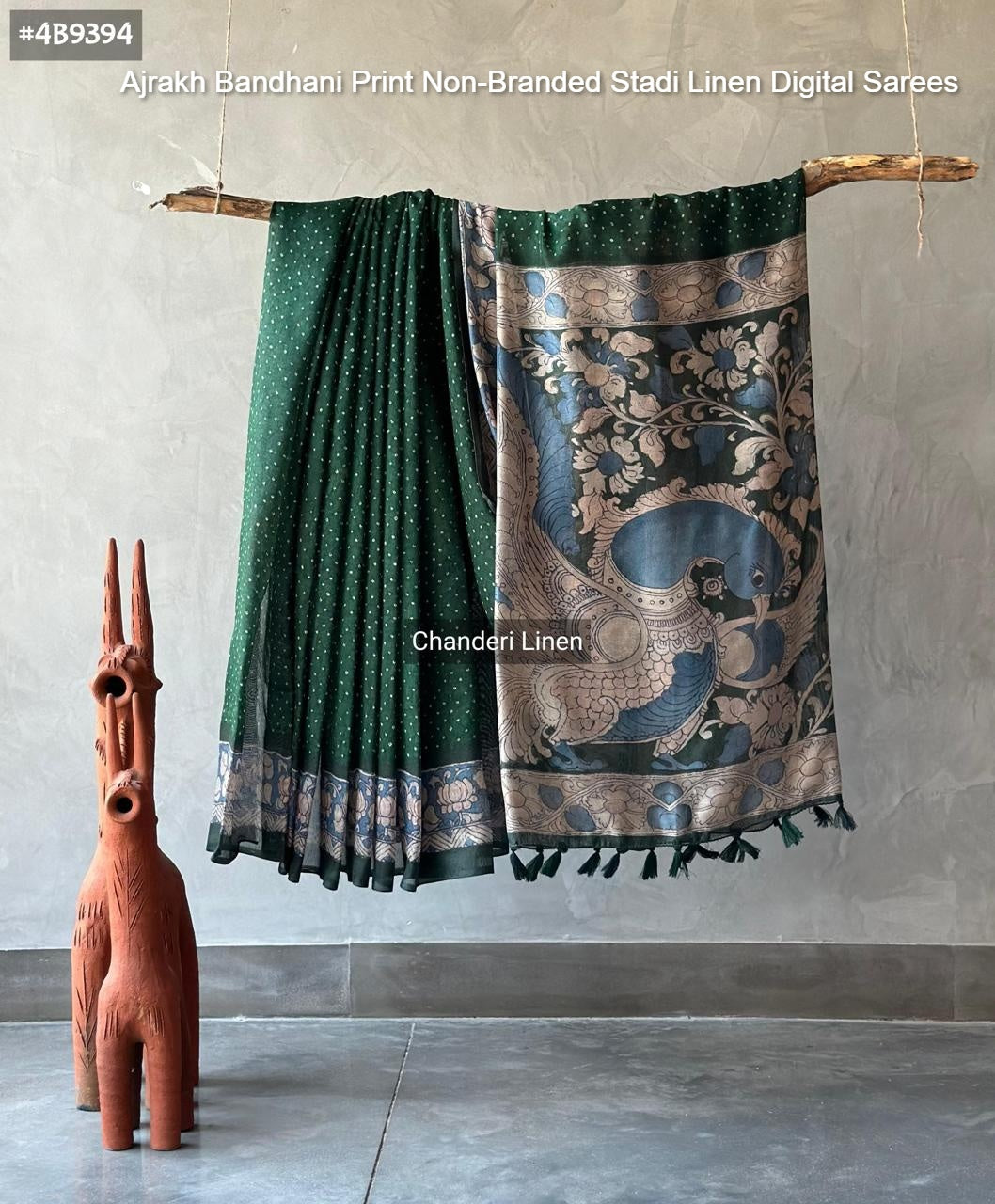 Ajrakh Bandhani Print Non-Branded Stadi Linen Digital Sarees