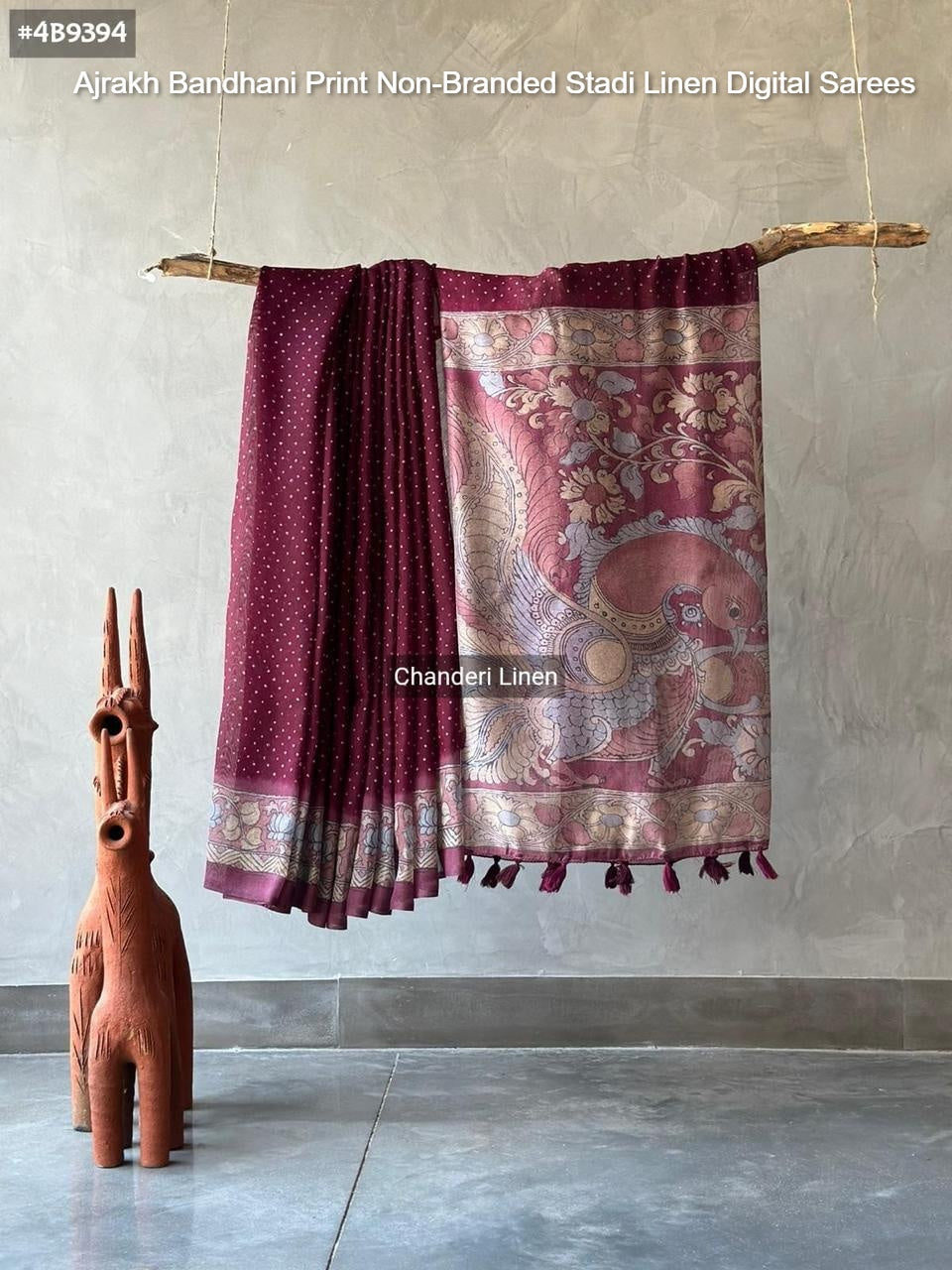 Ajrakh Bandhani Print Non-Branded Stadi Linen Digital Sarees