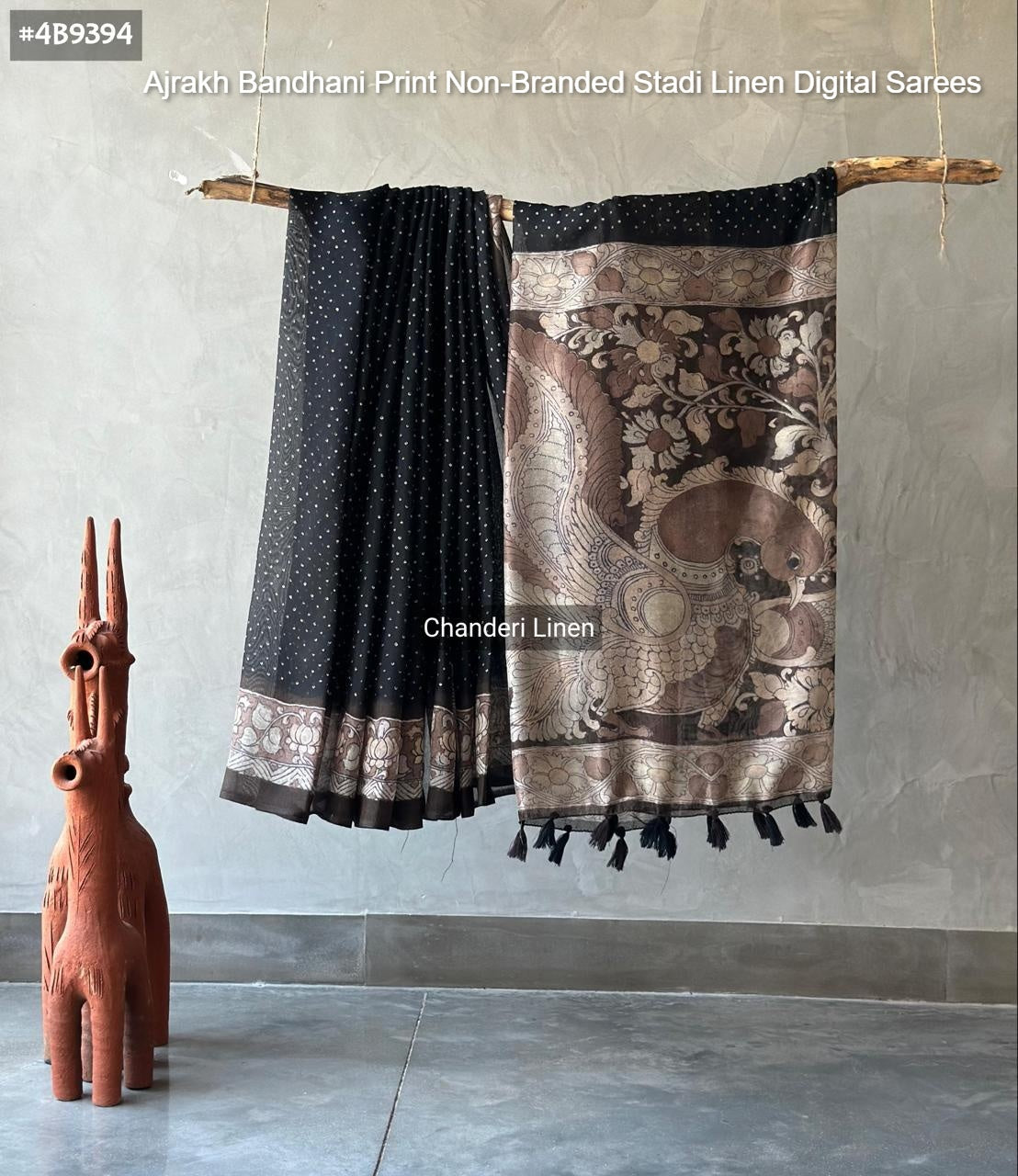 Ajrakh Bandhani Print Non-Branded Stadi Linen Digital Sarees