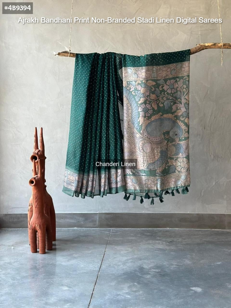 Ajrakh Bandhani Print Non-Branded Stadi Linen Digital Sarees