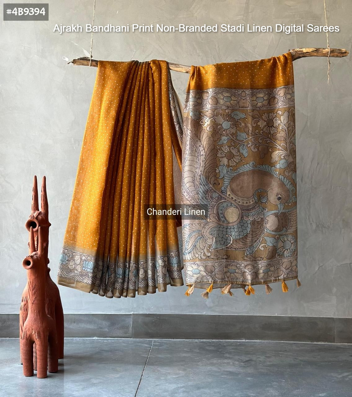 Ajrakh Bandhani Print Non-Branded Stadi Linen Digital Sarees