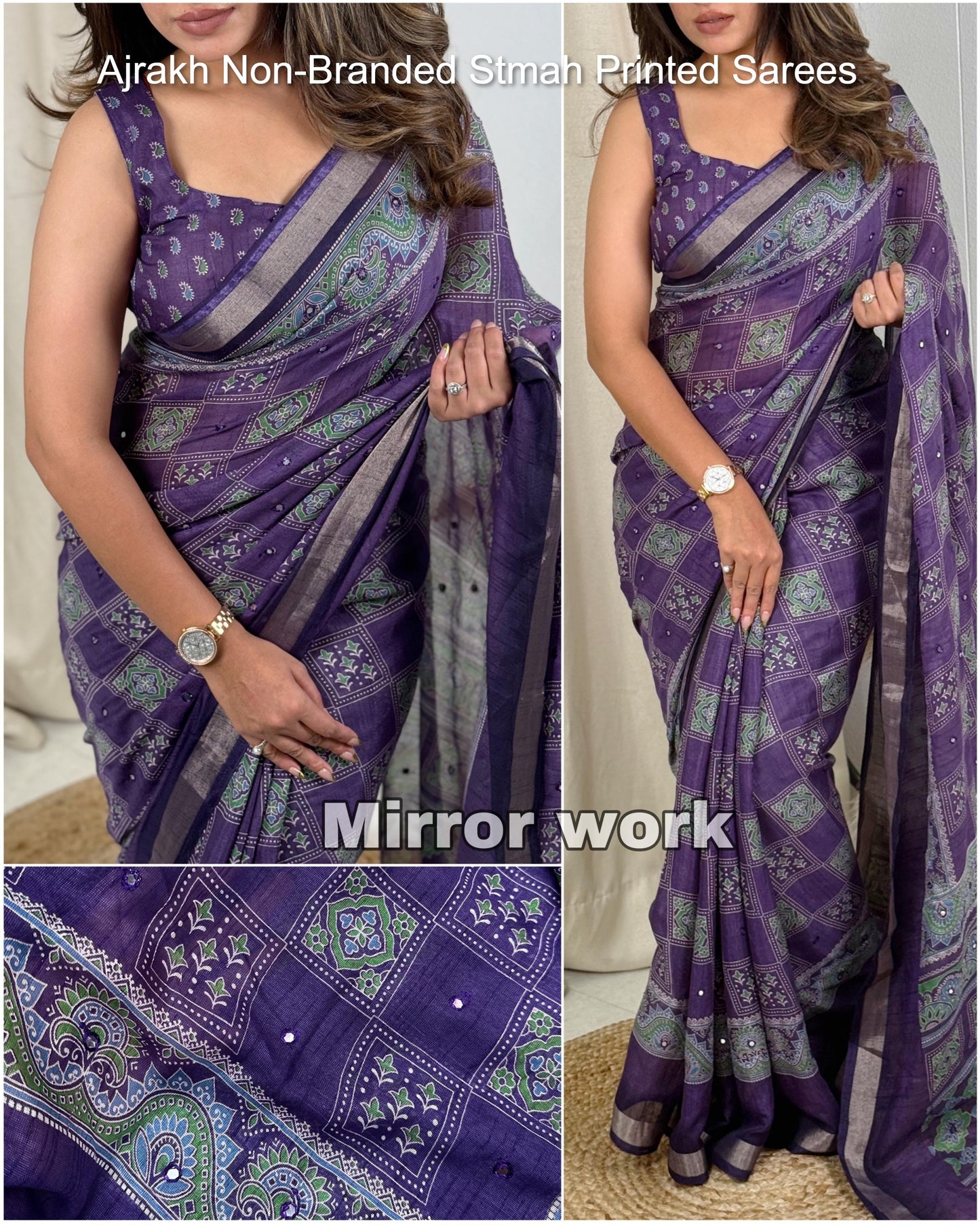 Ajrakh Non-Branded Stmah Printed Sarees