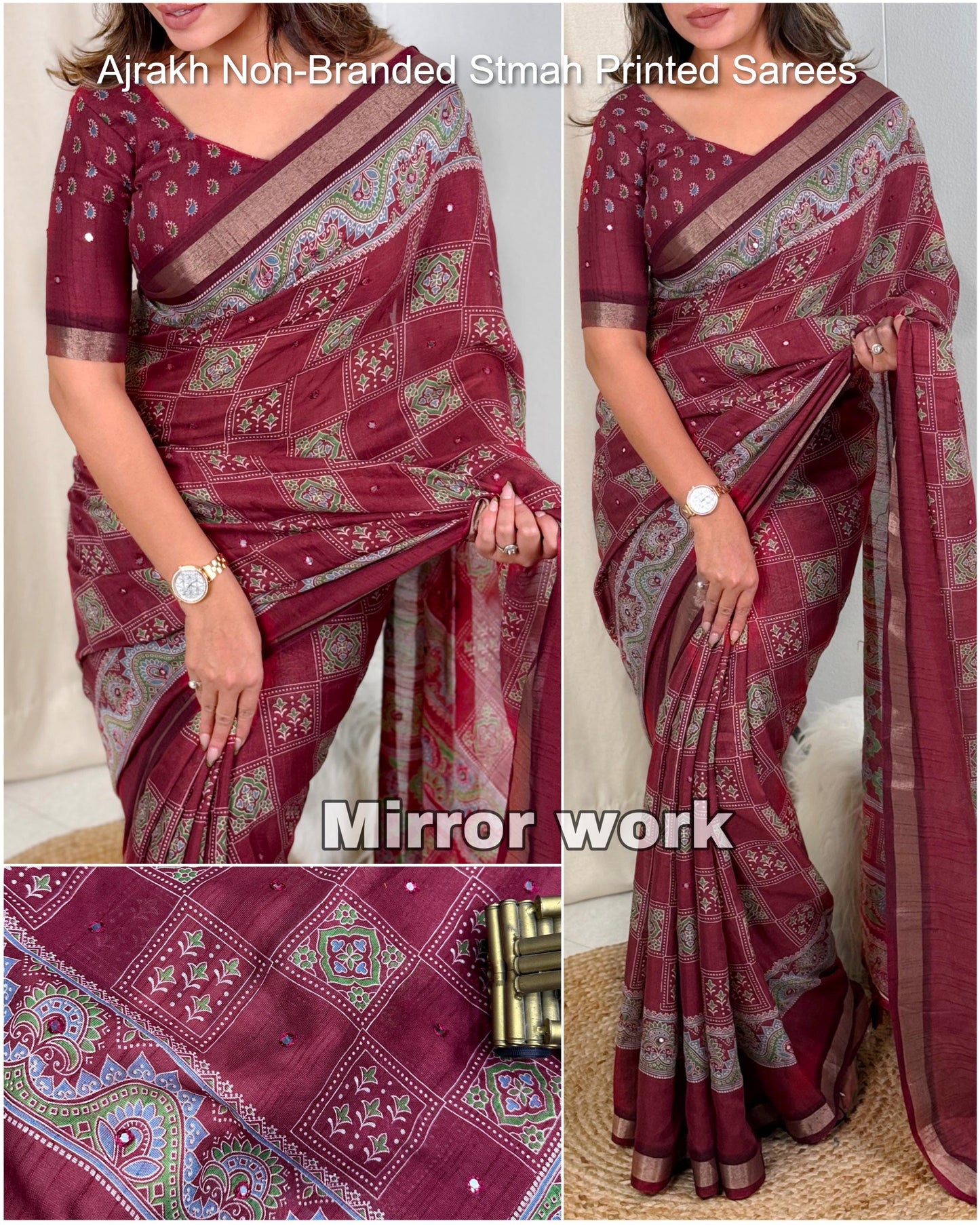 Ajrakh Non-Branded Stmah Printed Sarees