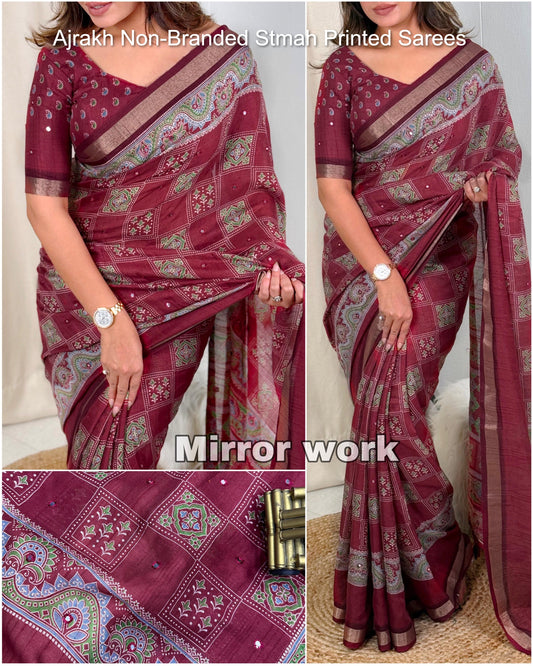 Ajrakh Non-Branded Stmah Printed Sarees