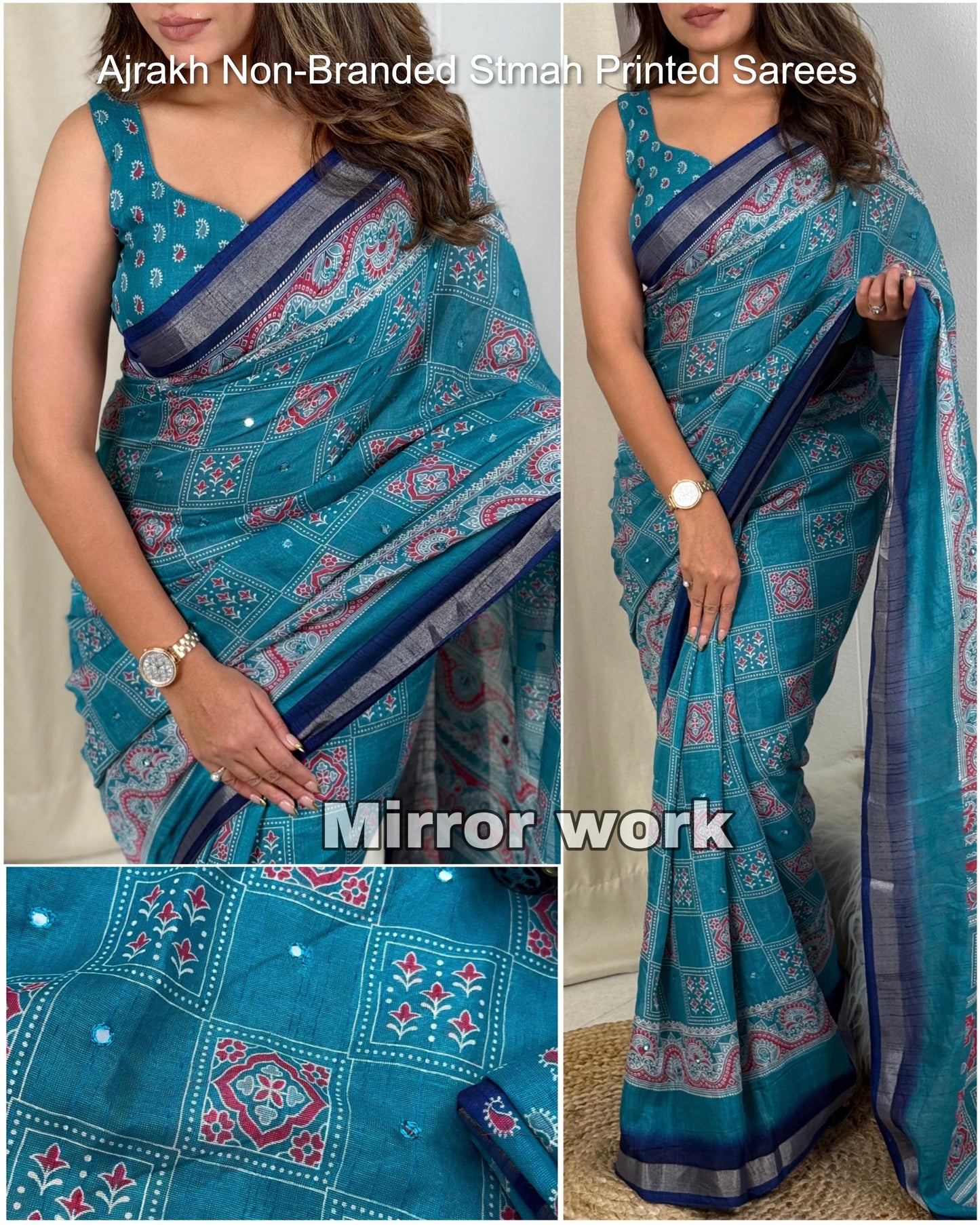 Ajrakh Non-Branded Stmah Printed Sarees
