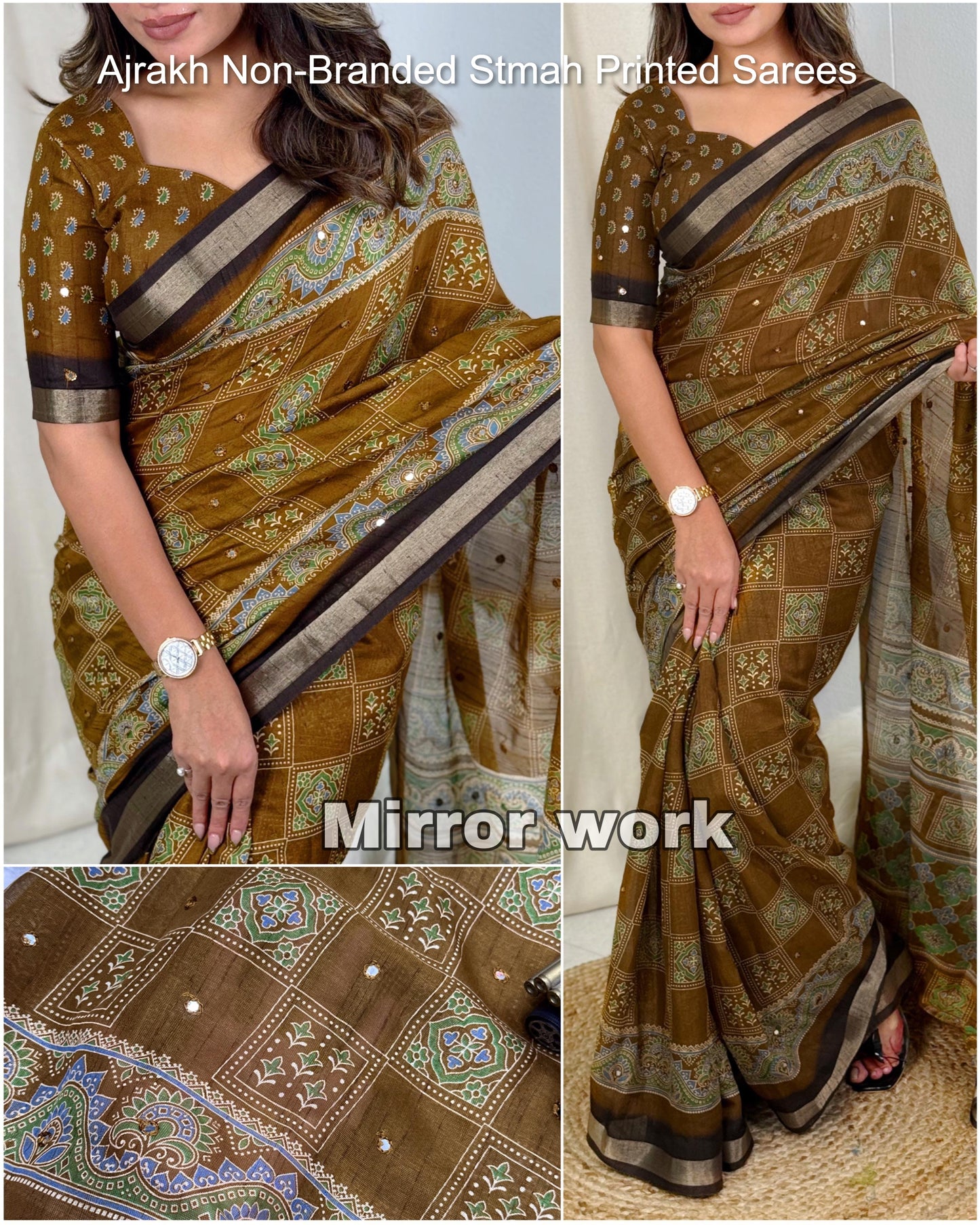 Ajrakh Non-Branded Stmah Printed Sarees