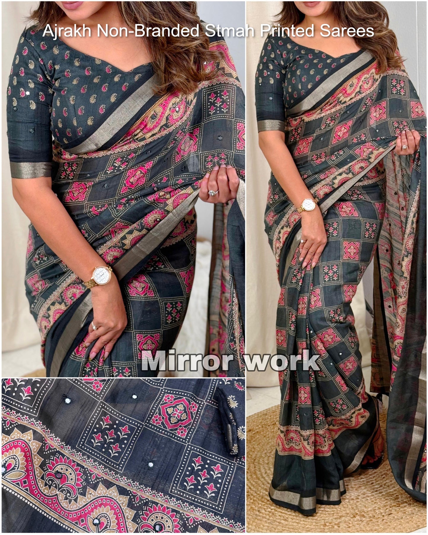 Ajrakh Non-Branded Stmah Printed Sarees