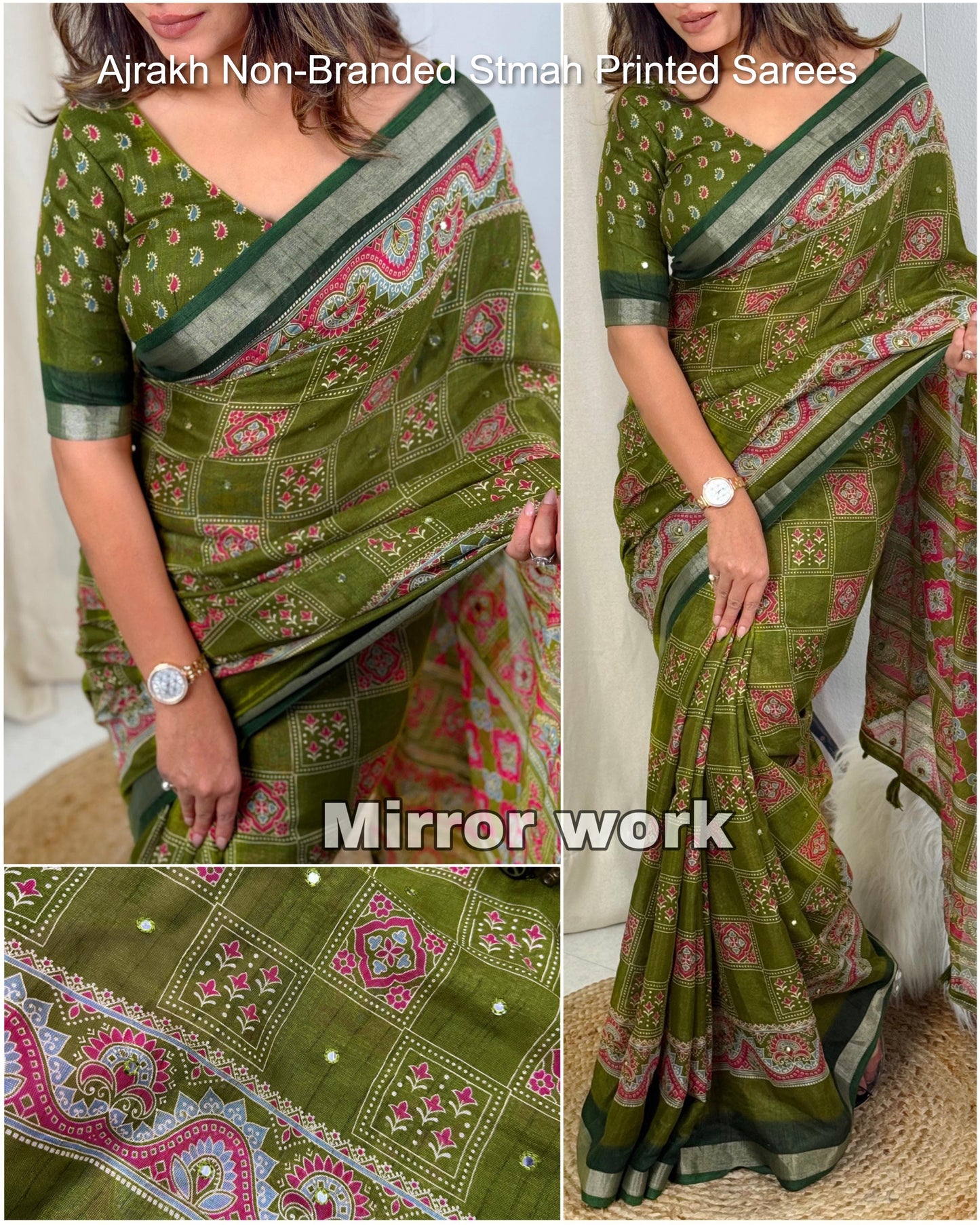 Ajrakh Non-Branded Stmah Printed Sarees