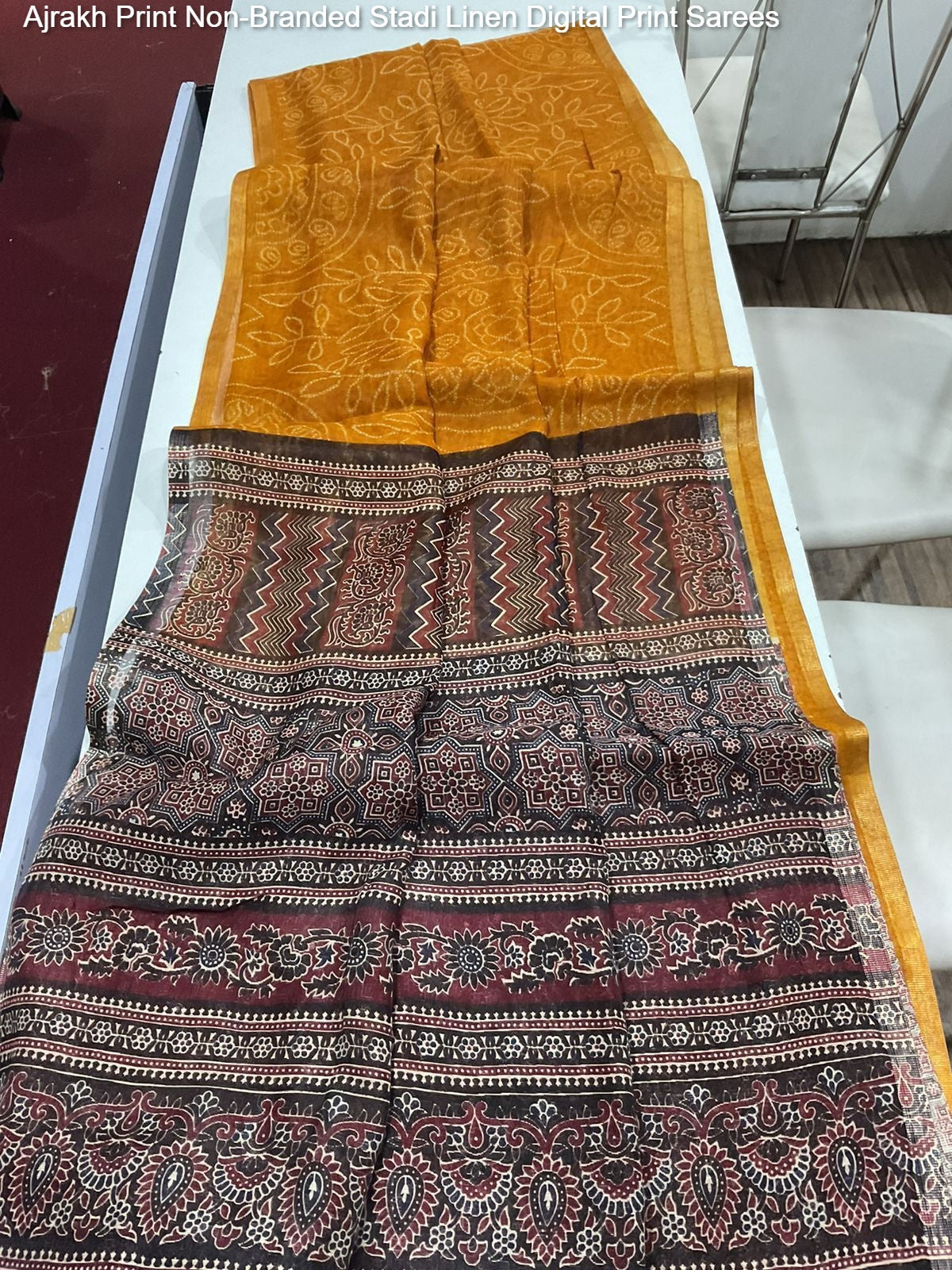 Ajrakh Print Non-Branded Stadi Linen Digital Print Sarees