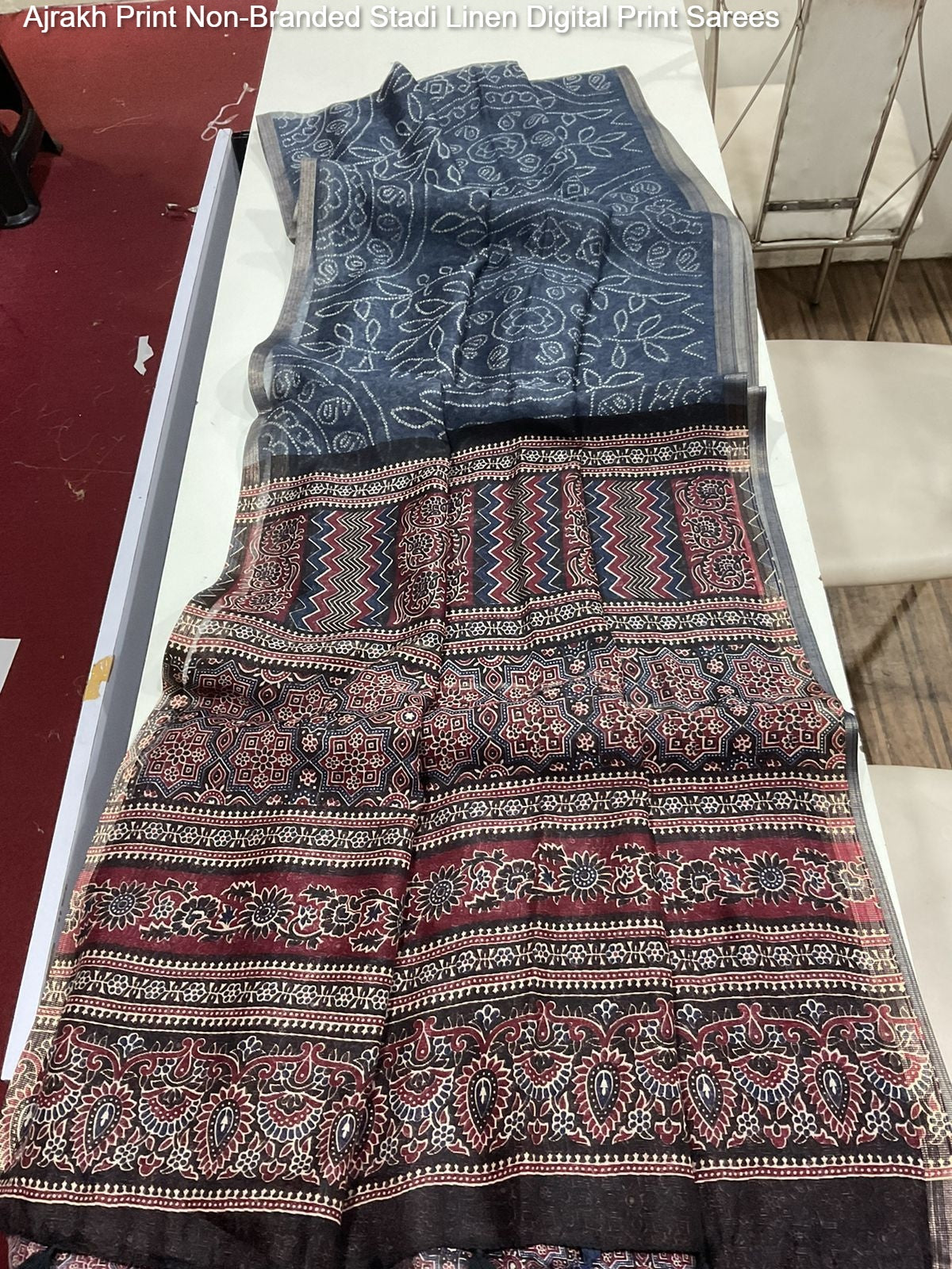 Ajrakh Print Non-Branded Stadi Linen Digital Print Sarees