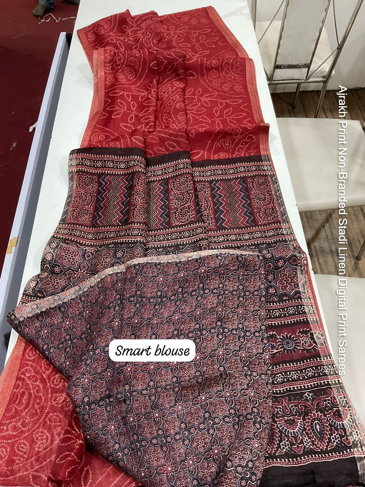 Ajrakh Print Non-Branded Stadi Linen Digital Print Sarees