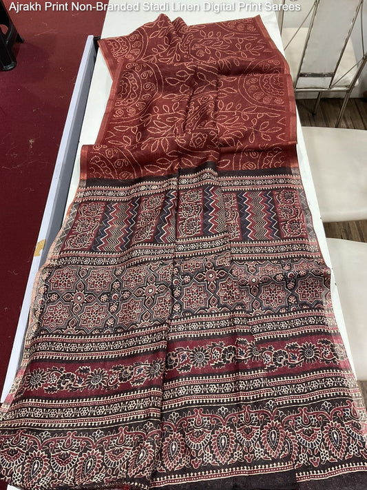 Ajrakh Print Non-Branded Stadi Linen Digital Print Sarees