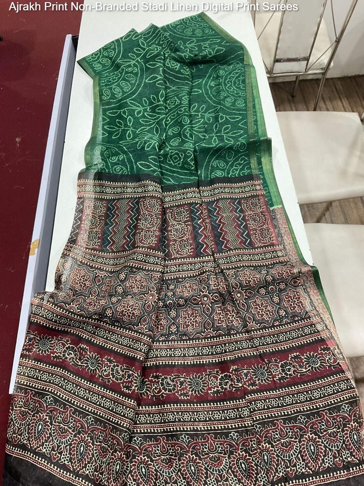 Ajrakh Print Non-Branded Stadi Linen Digital Print Sarees