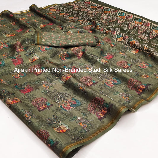 Ajrakh Printed Non-Branded Stadi Silk Sarees