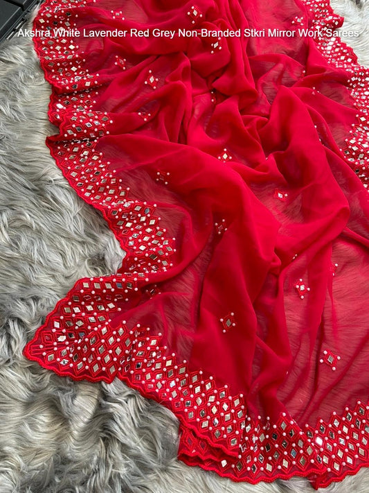 Akshra White Lavender Red Grey Non-Branded Stkri Mirror Work Sarees