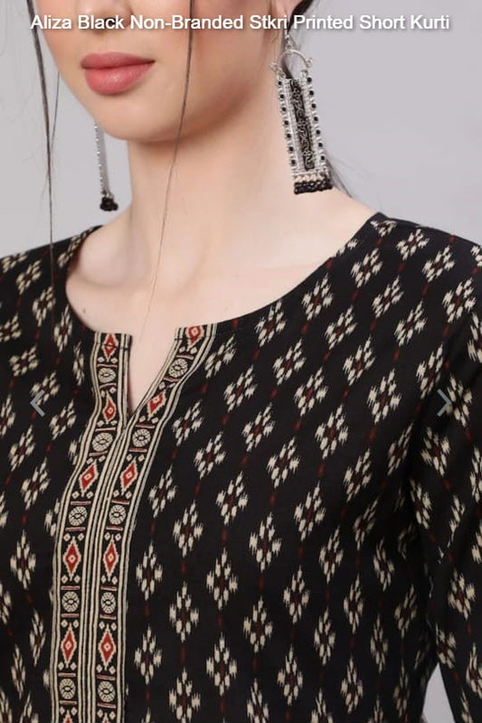 Aliza Black Non-Branded Stkri Printed Short Kurti