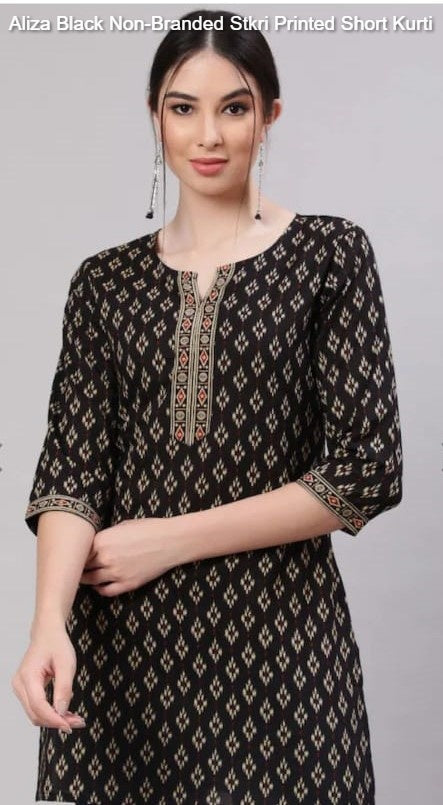 Aliza Black Non-Branded Stkri Printed Short Kurti
