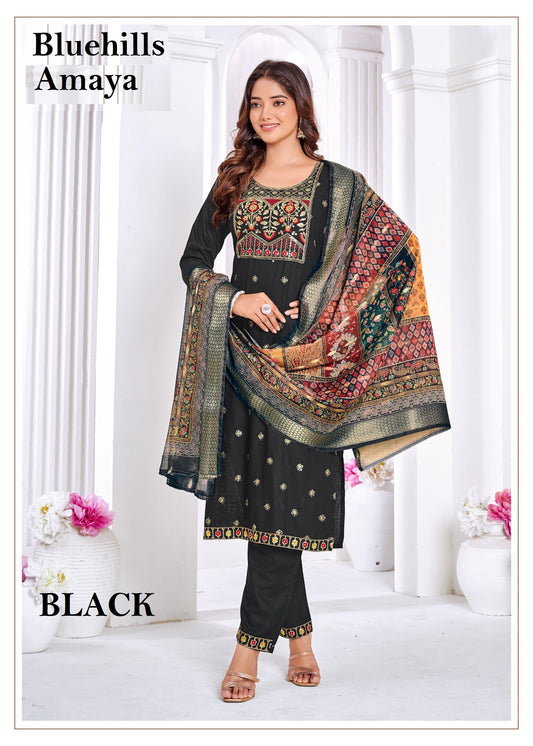 Amaya Black Bluehills Rayon Readymade Suits