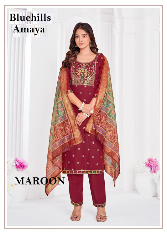 Amaya Maroon Bluehills Rayon Readymade Suits