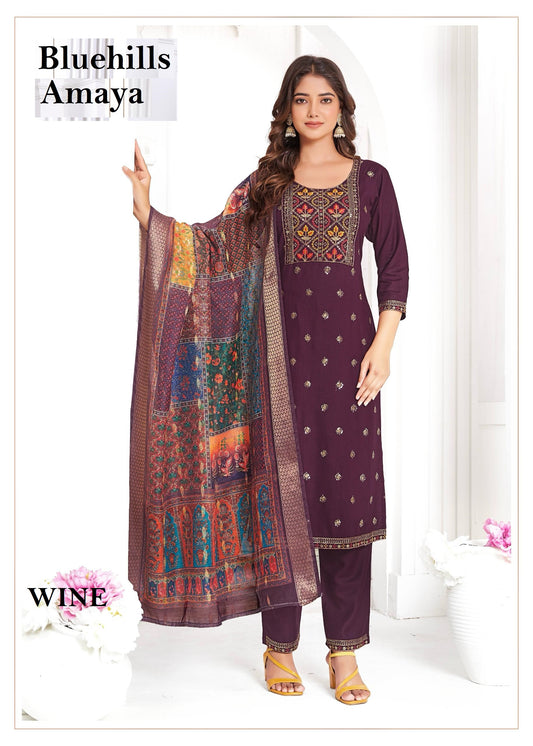 Amaya Wine Bluehills Rayon Readymade Suits