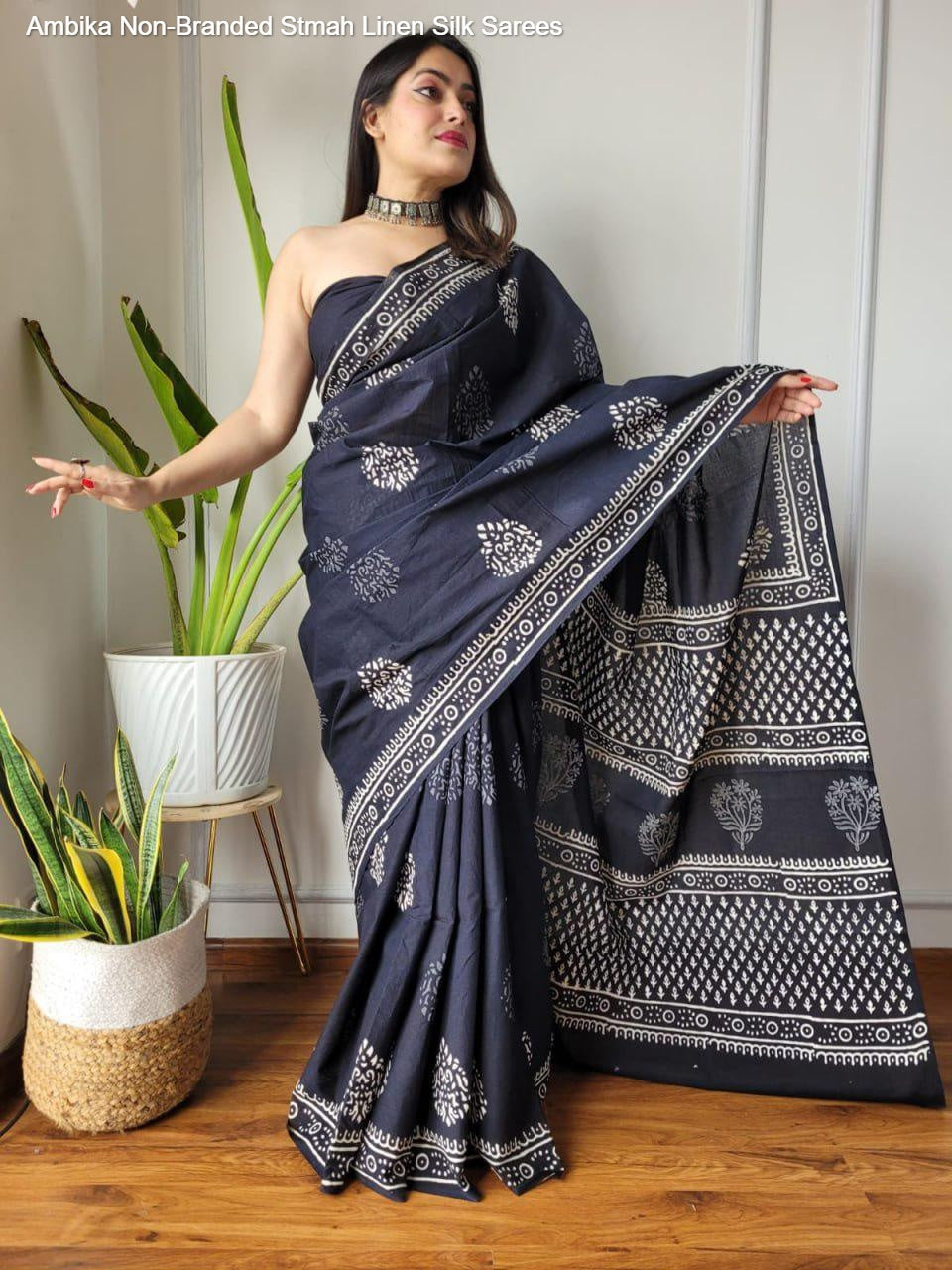 Ambika Non-Branded Stmah Linen Silk Sarees