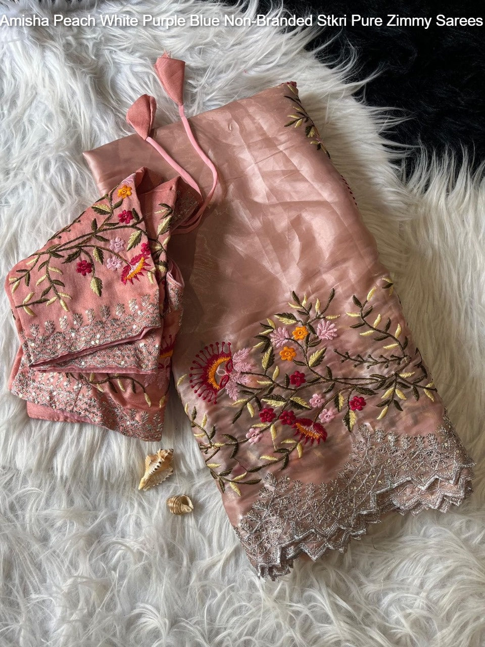 Amisha Peach White Purple Blue Non-Branded Stkri Pure Zimmy Sarees