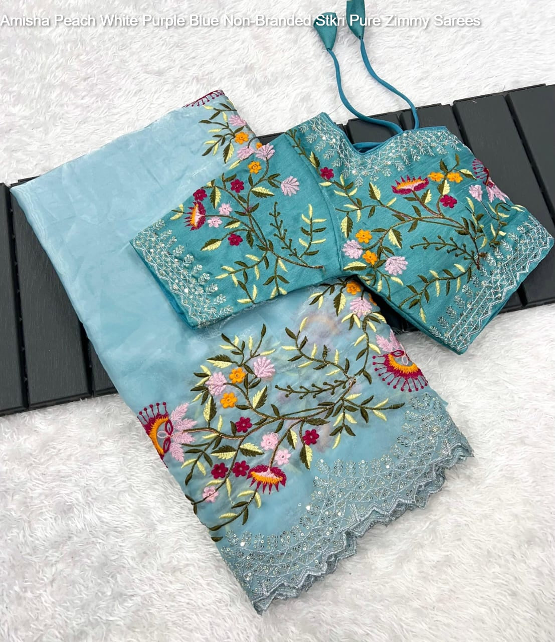 Amisha Peach White Purple Blue Non-Branded Stkri Pure Zimmy Sarees