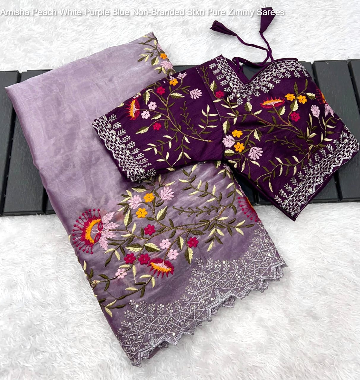 Amisha Peach White Purple Blue Non-Branded Stkri Pure Zimmy Sarees