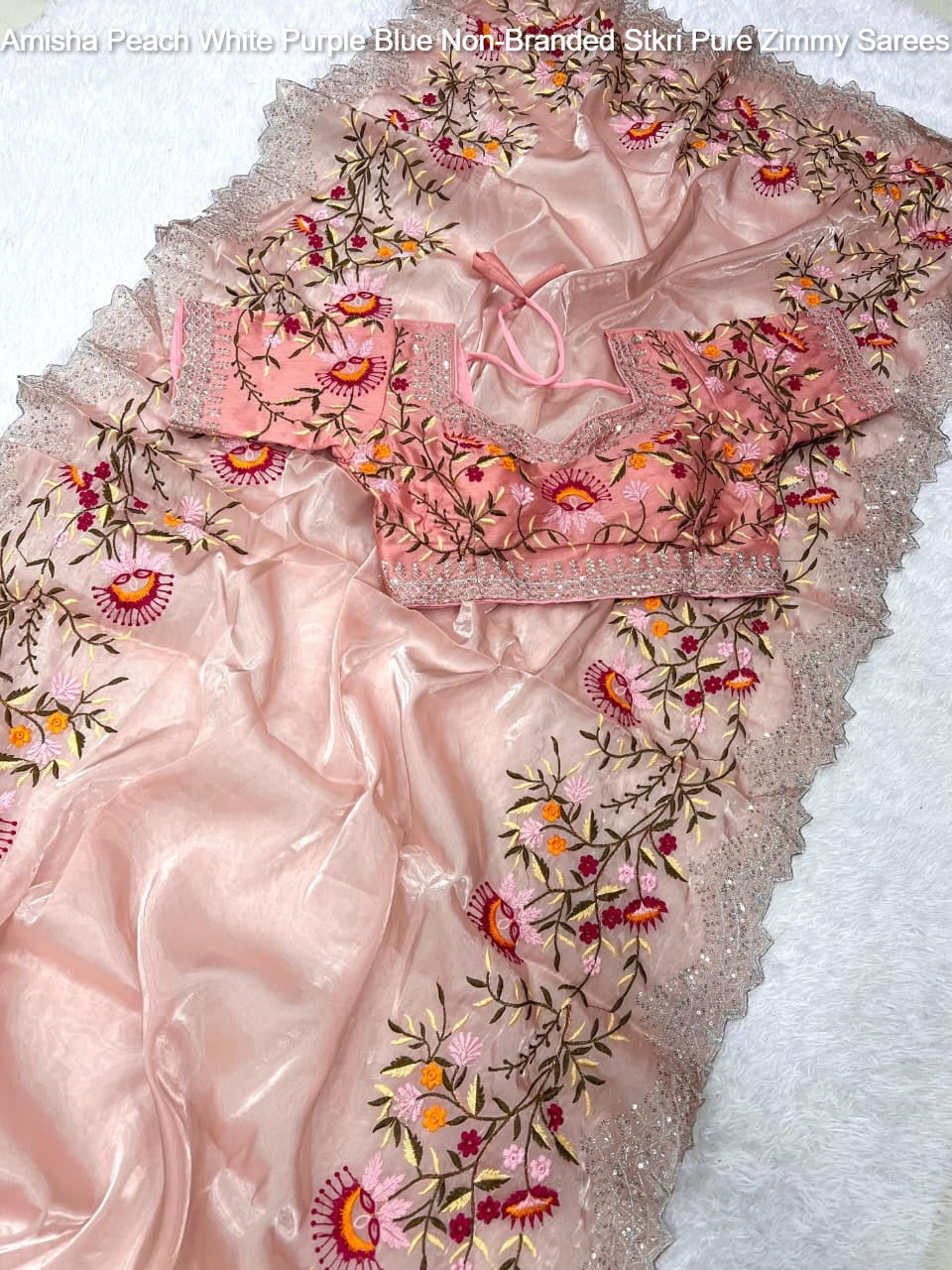 Amisha Peach White Purple Blue Non-Branded Stkri Pure Zimmy Sarees