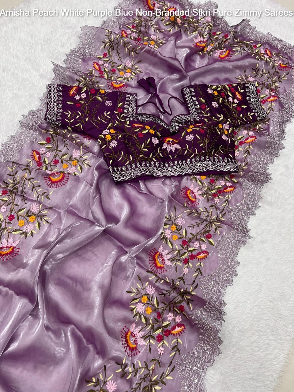 Amisha Peach White Purple Blue Non-Branded Stkri Pure Zimmy Sarees