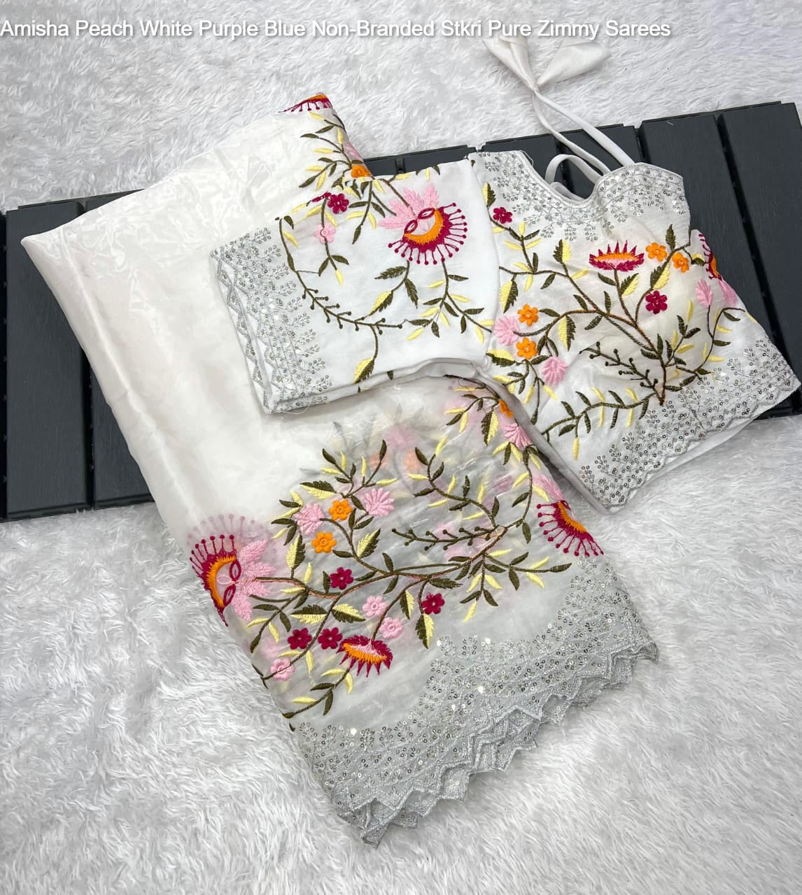 Amisha Peach White Purple Blue Non-Branded Stkri Pure Zimmy Sarees