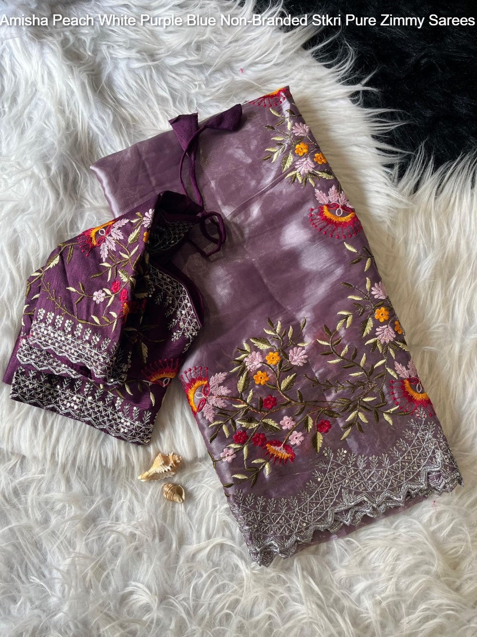 Amisha Peach White Purple Blue Non-Branded Stkri Pure Zimmy Sarees