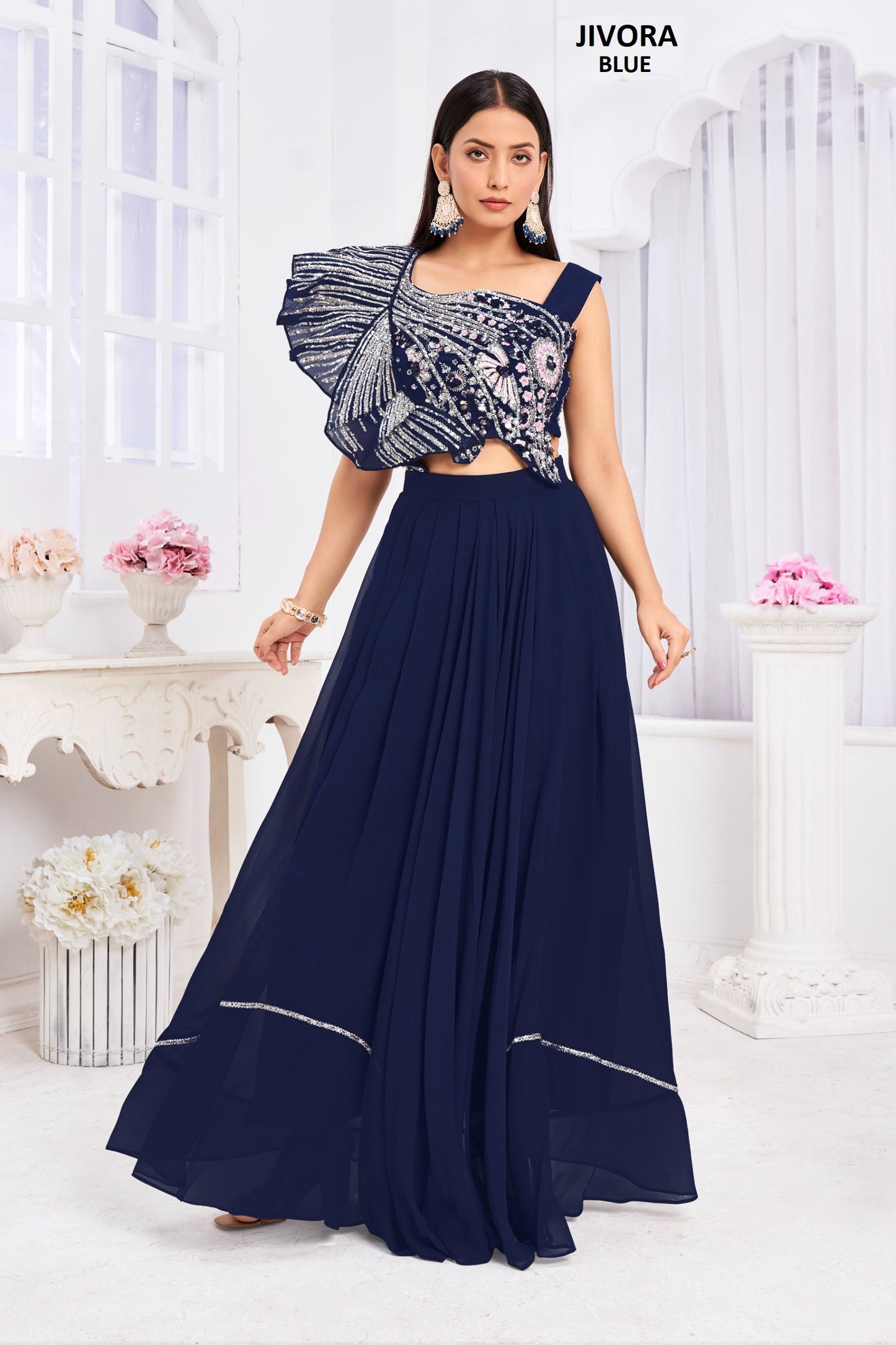 Angel 2909 Blue Jivora Handwork Croptop Skirt Set