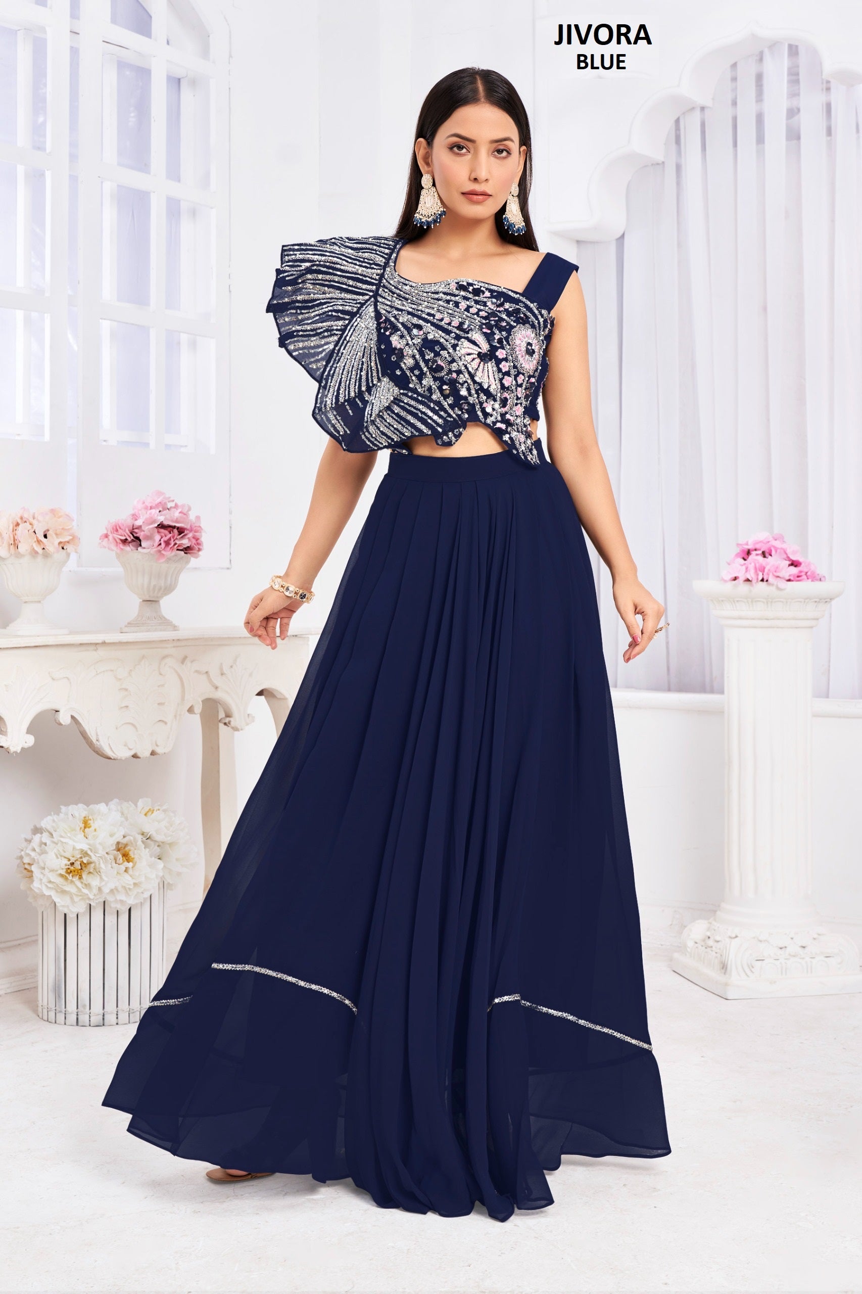 Angel 2909 Blue Jivora Handwork Croptop Skirt Set