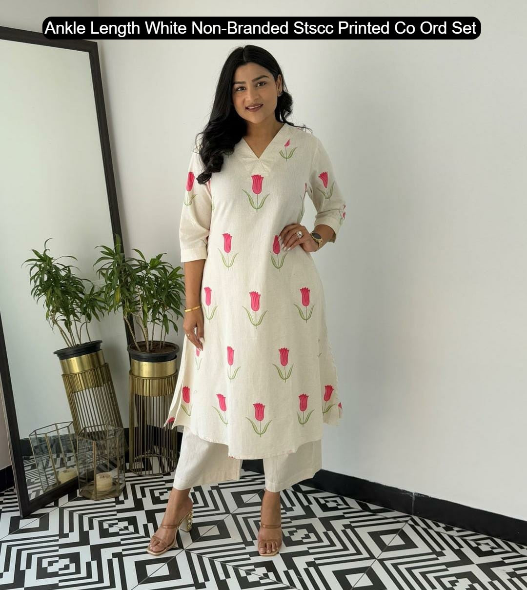 Ankle Length White Non-Branded Stscc Printed Co Ord Set