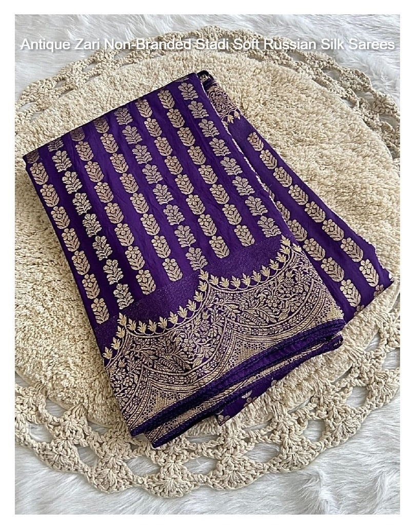 Antique Zari Non-Branded Stadi Soft Russian Silk Sarees