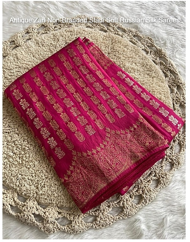 Antique Zari Non-Branded Stadi Soft Russian Silk Sarees