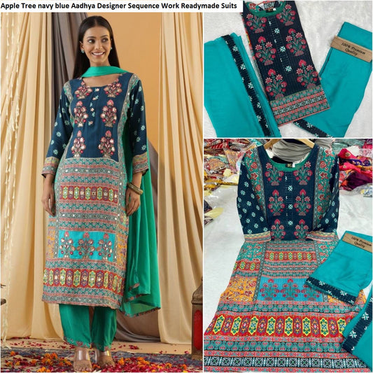 Apple Tree Navy Blue Aadhya Designer Sequence Work Readymade Suits