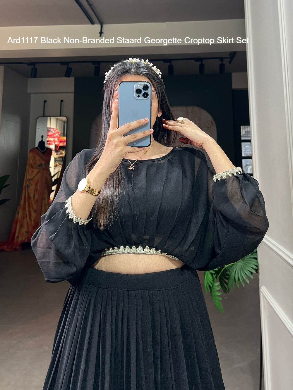 Ard1117 Black Non-Branded Staard Georgette Croptop Skirt Set
