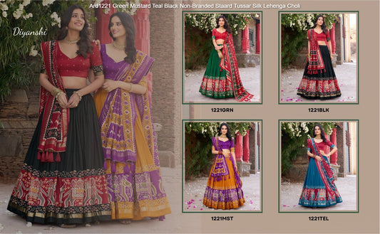 Ard1221 Green Mustard Teal Black Non-Branded Staard Tussar Silk Lehenga Choli