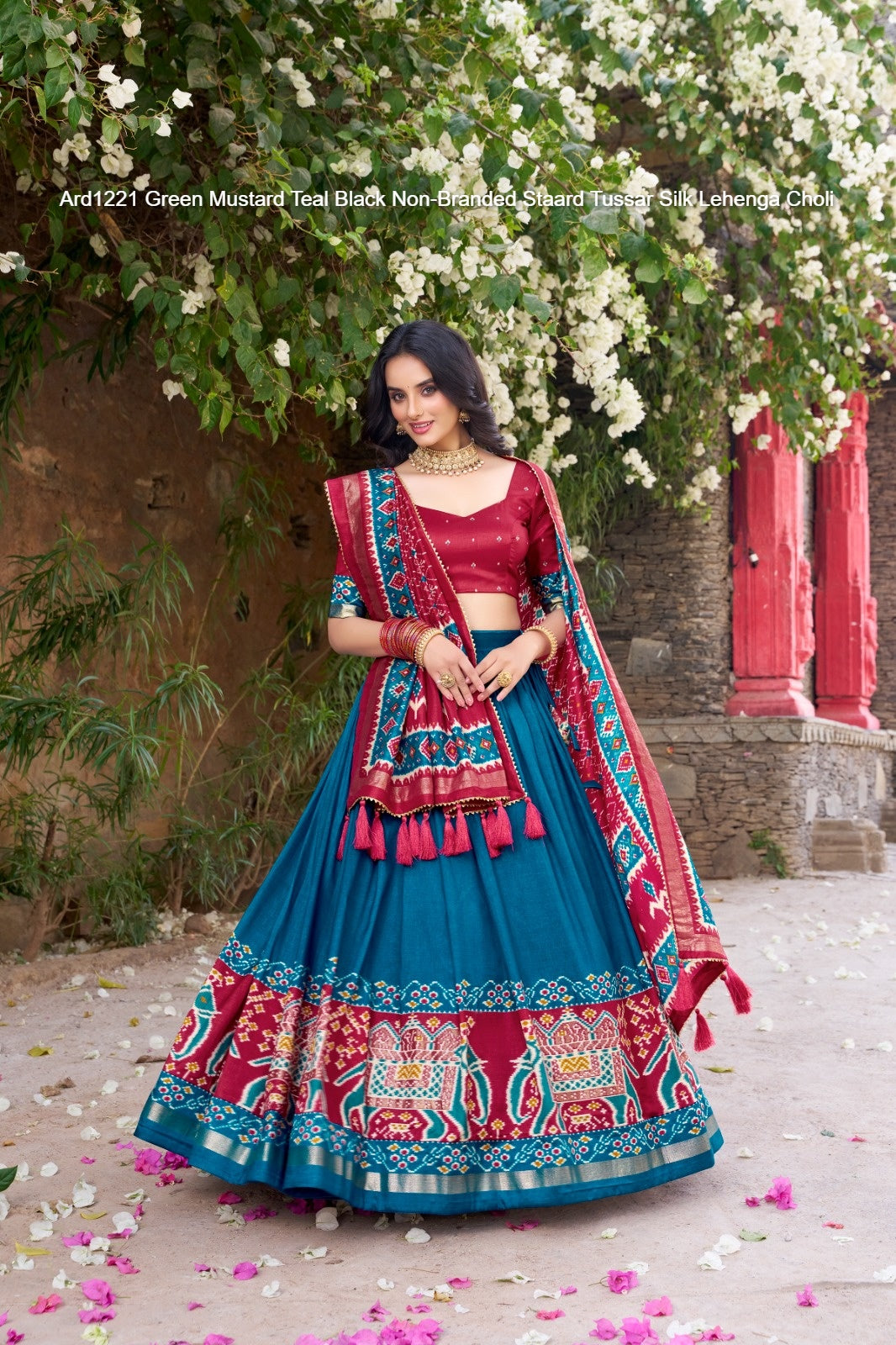 Ard1221 Green Mustard Teal Black Non-Branded Staard Tussar Silk Lehenga Choli