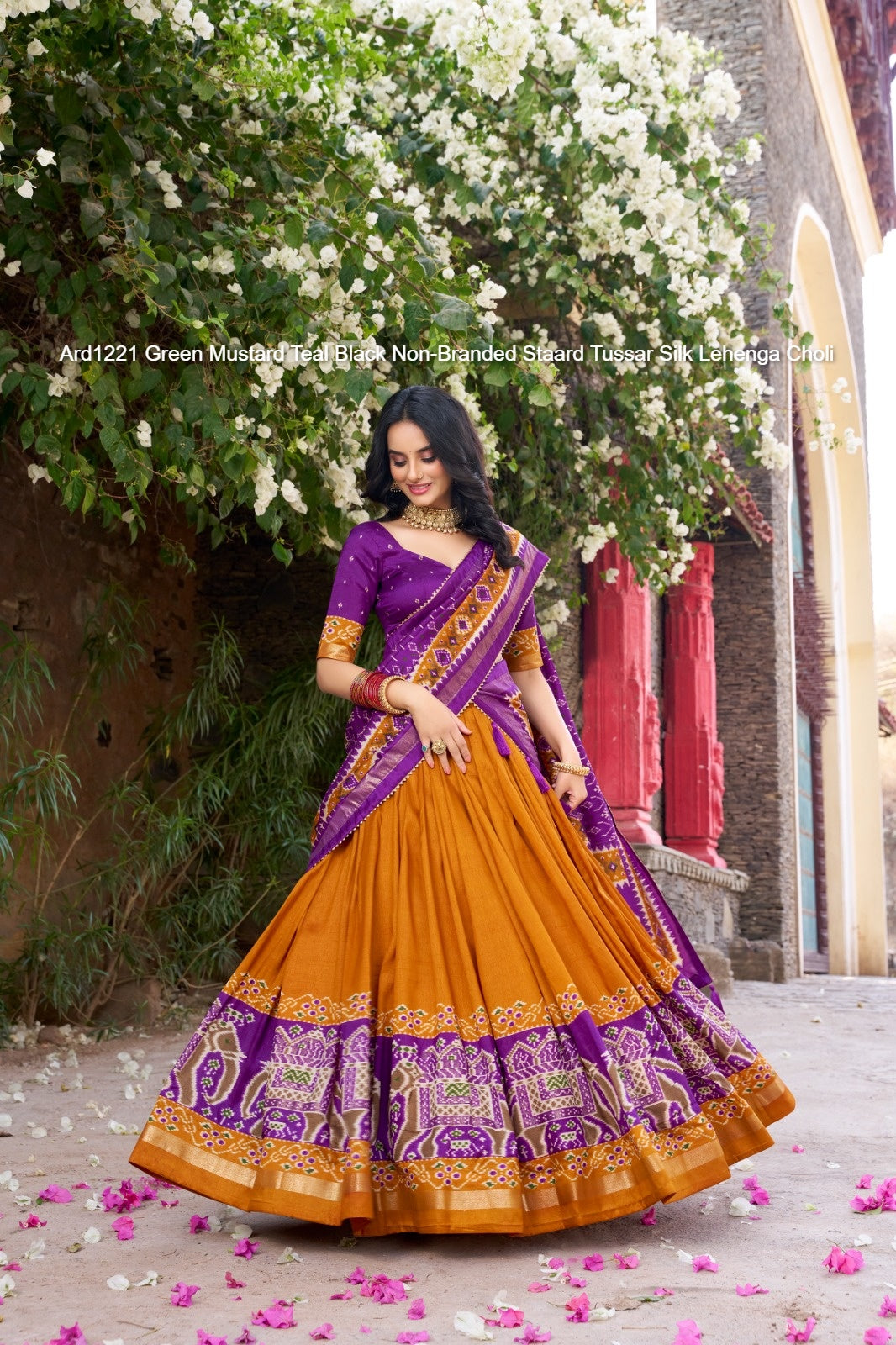 Ard1221 Green Mustard Teal Black Non-Branded Staard Tussar Silk Lehenga Choli
